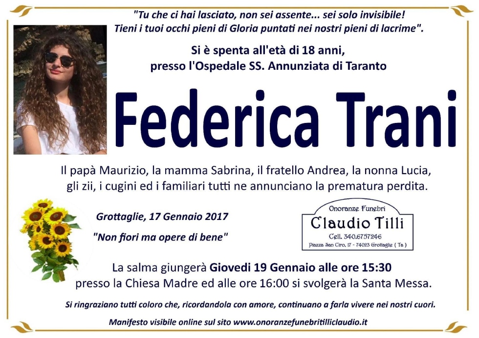 Taranto – L'ultimo saluto a Federica Trani, i funerali giovedì a ... - Puglia Press (Comunicati Stampa)
