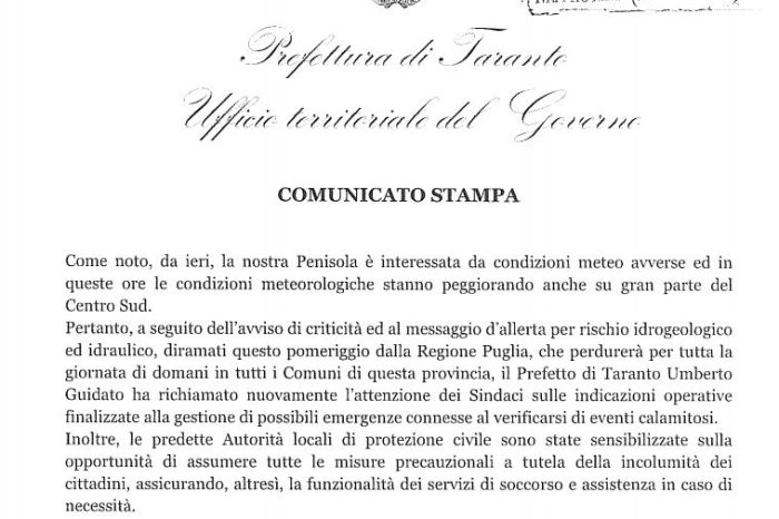 Allerta meteo Taranto: Il Prefetto scrive ai Sindaci.
