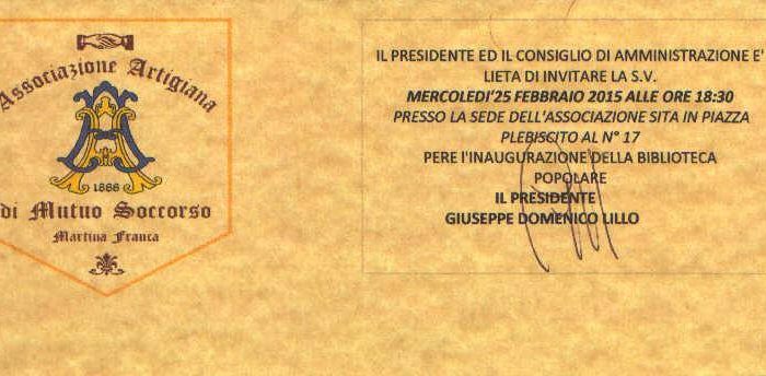 25 febbraio 2015, Martina Franca (TA), invito apertura Biblioteca Popolare