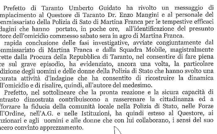Omicidio Aquaro: Il Prefetto di Taranto si complimenta con il  Commissariato di Martina Franca.