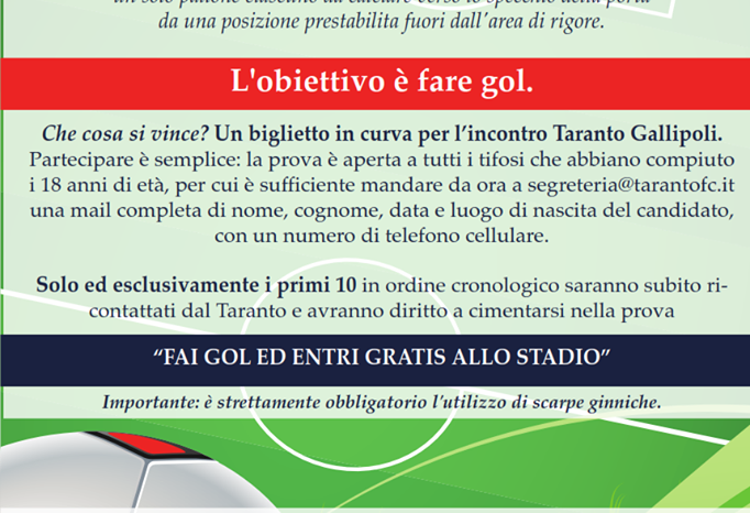 Iniziativa Taranto-Gallipoli: se segni, entri gratis in Curva Nord
