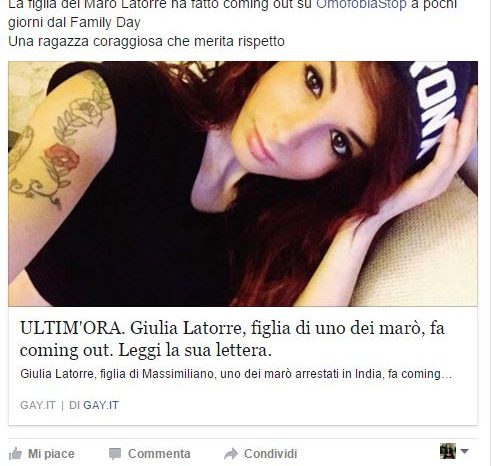 Taranto - La figlia del marò Latorre fa coming out: "Cosa abbiamo di diverso noi gay?"