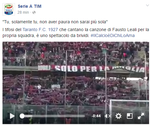 Taranto - La Serie A omaggia la Curva Nord tramite Facebook: "Uno spettacolo da brividi"