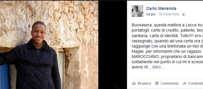 Lecce- Giovane marocchino trova un portafoglio e lo restituisce al suo proprietario. Su Fb il pubblico ringraziamento: "Grazie per la lezione di vita."