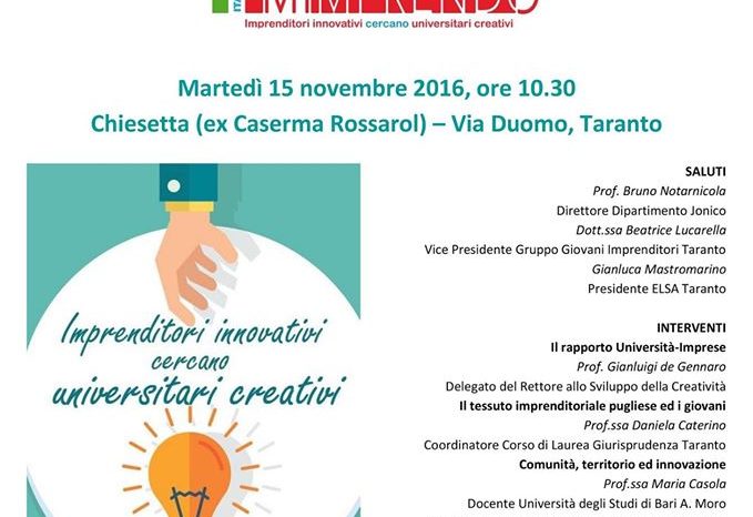 Taranto - Doppio appuntamento nella sede di Giurisprudenza: "LECITA - LEgal Clinics" e "MIMPRENDO ITALIA 2016"