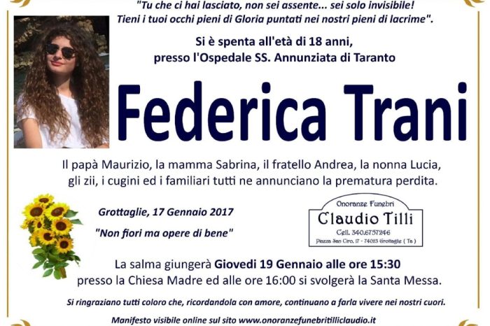 Taranto  - L'ultimo saluto a Federica Trani, i funerali giovedì a Grottaglie