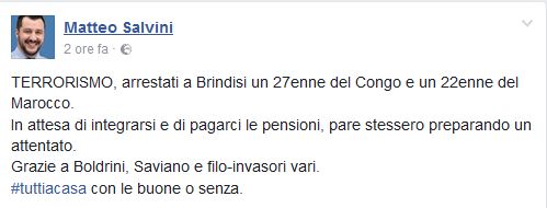 Brindisi- Arresto presunto terrorista, le reazioni di Sasso e di Salvini