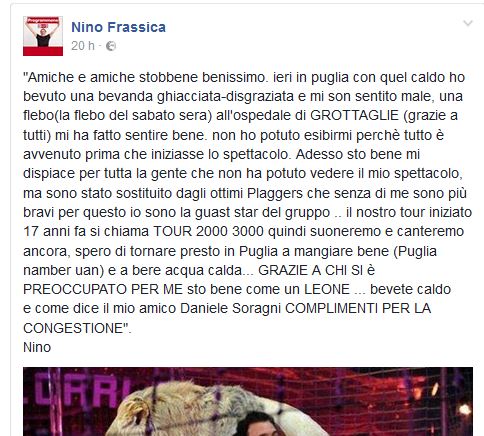 Taranto - Dopo la paura arriva il messaggio del comico Nino Frassica: "Amiche e amiche stobbene benissimo"