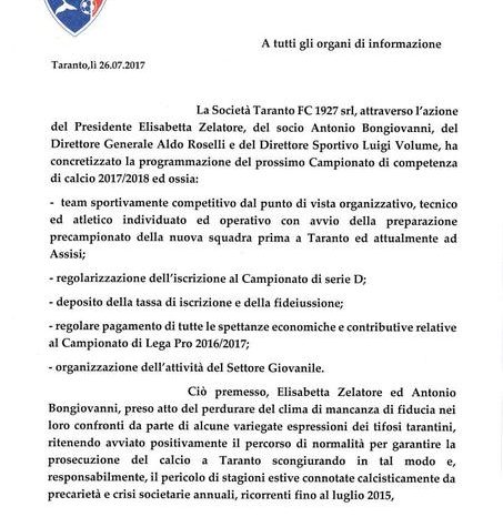 Taranto - Calcio, incredibile scelta della società: in vendita a 1 euro