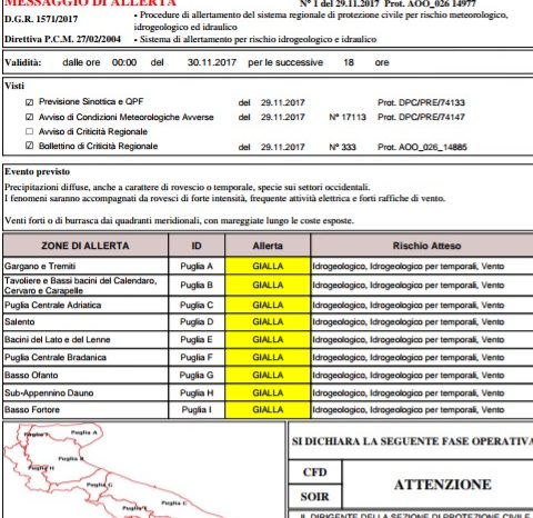 Taranto - Maltempo: allerta gialla della Protezione Civile.