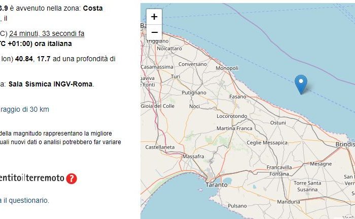 FLASH Taranto - Percepita una scossa di terremoto in tutta la provincia