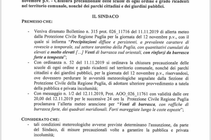 Taranto - Maltempo, il Comune emette ordinanza di chiusura delle scuole