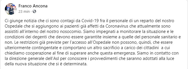 Martina Franca: Il sindaco Ancona comunica dei contagi fra il personale sanitario