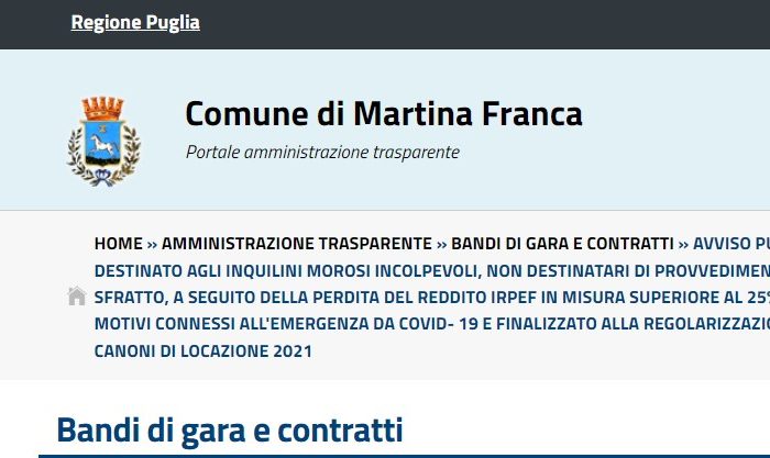 Martina Franca: pubbliato un avviso pubblico per gli inquilini morosi incolpevoli, non destinatari di provvedimenti di sfratto