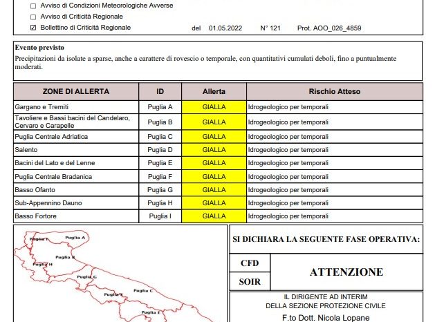 Allerta maltempo oggi per le prossime 12 ore in Puglia