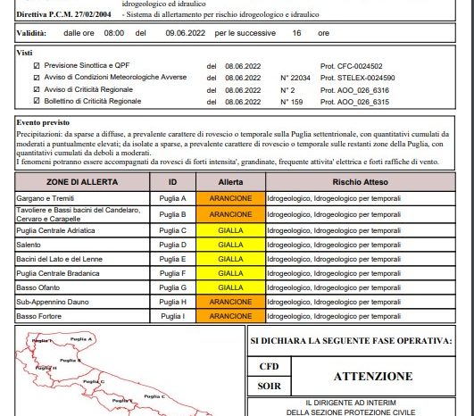 Puglia: maltempo dalle ore 08:00 di oggi e per le successive 16 ore