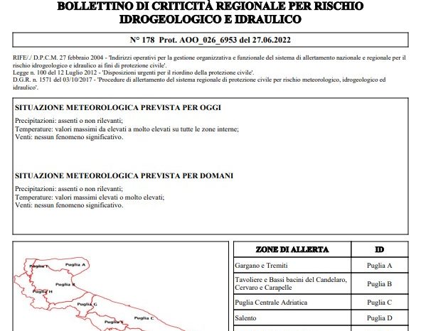 Puglia: il bollettino di criticità della protezione civile