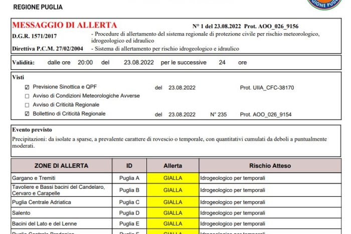 Puglia: maltempo dalle ore 20:00 di oggi e per le successive 24 ore