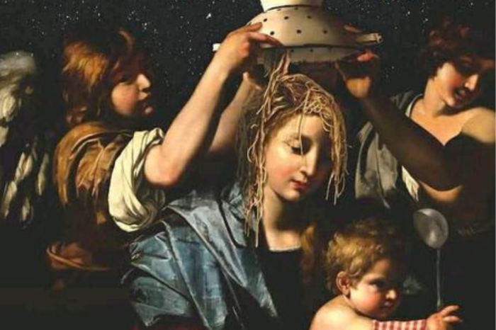 La Madonna con lo scolapasta che le versa gli spaghetti in testa ed il bambino con la tovaglietta pronto a servire a tavola. E’ così che si offendono Taranto ed i Cattolici