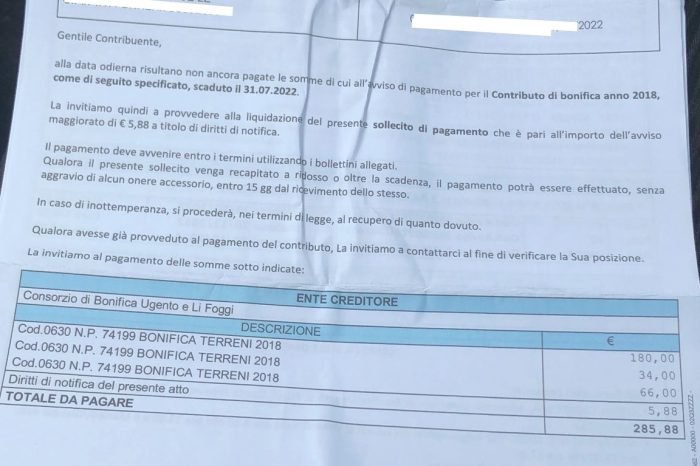 Lecce: agli agricoltori stanno arrivando solleciti relativi al 2018 per servizi di bonifica mai svolti