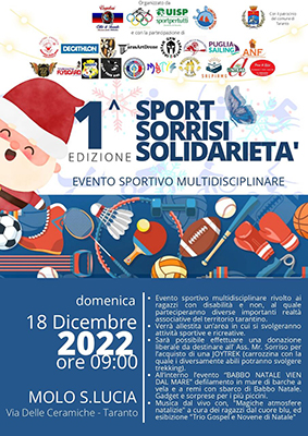 Taranto - Domenica al Molo Santa Lucia la prima edizione di "Sport, sorrisi, solidarietà"