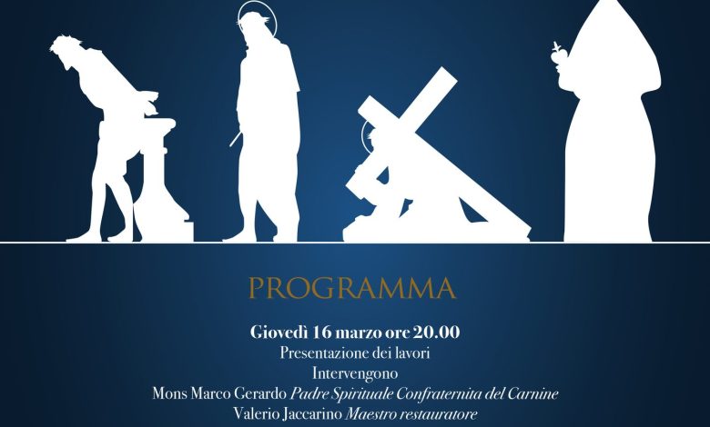 Sempre il 17 marzo alle ore 19:30, a conclusione dell’esposizione dei simulacri restaurati, si terrà una conversazione dal titolo “Quei tre fratelli di nome Gesù”, tratto dal libro di Nicola Caputo, storico e già Priore, tenuta da Giovanni Schinaia e Antonello Stenta, componenti del Consiglio d’Amministrazione della Confraternita