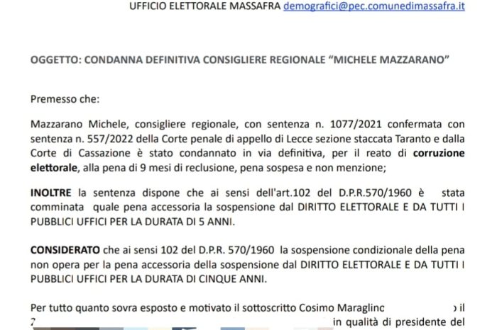 Mazzarano (PD) condannato per corruzione elettorale: “MASSAFRATTIVA” chiede intervento delle autorità