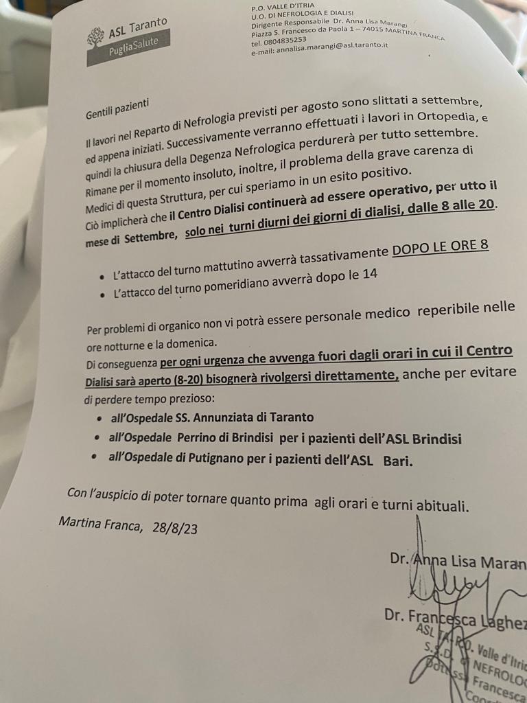 Una recente lettera inviata ai pazienti del Reparto di Nefrologia e Dialisi dell'Ospedale di Martina Franca