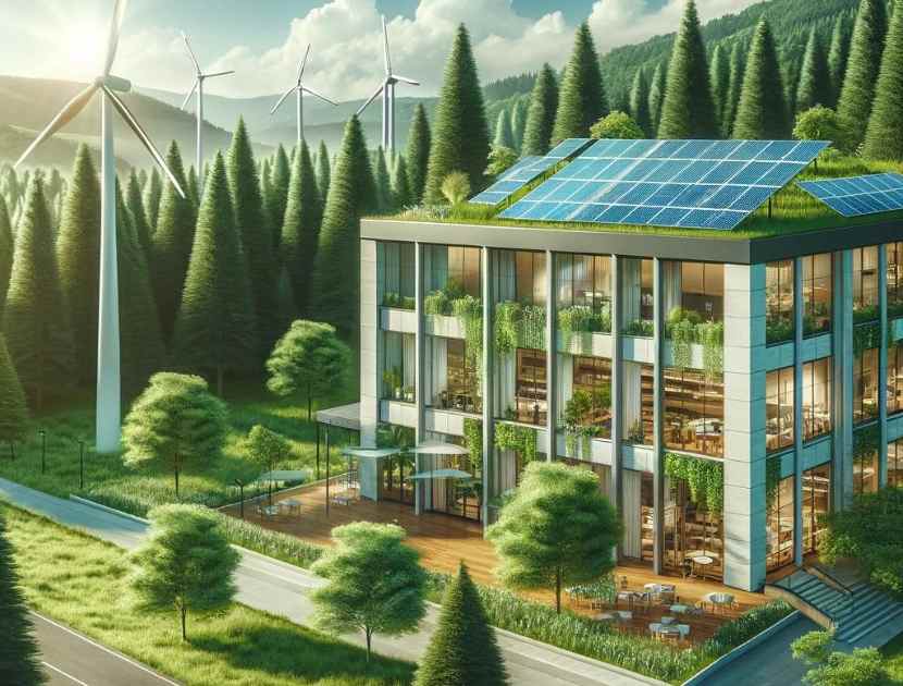 Banca moderna ed eco-sostenibile con pannelli solari e turbina eolica, simbolo dell'impegno per un futuro verde
