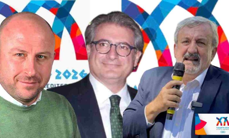 Giochi del Mediterraneo: da sx il Consigliere Regionale Renato Perrini, il Commissario dei Giochi Masdsimo Ferrarese ed il Governatore della Regione Puglia Michele Emiliano