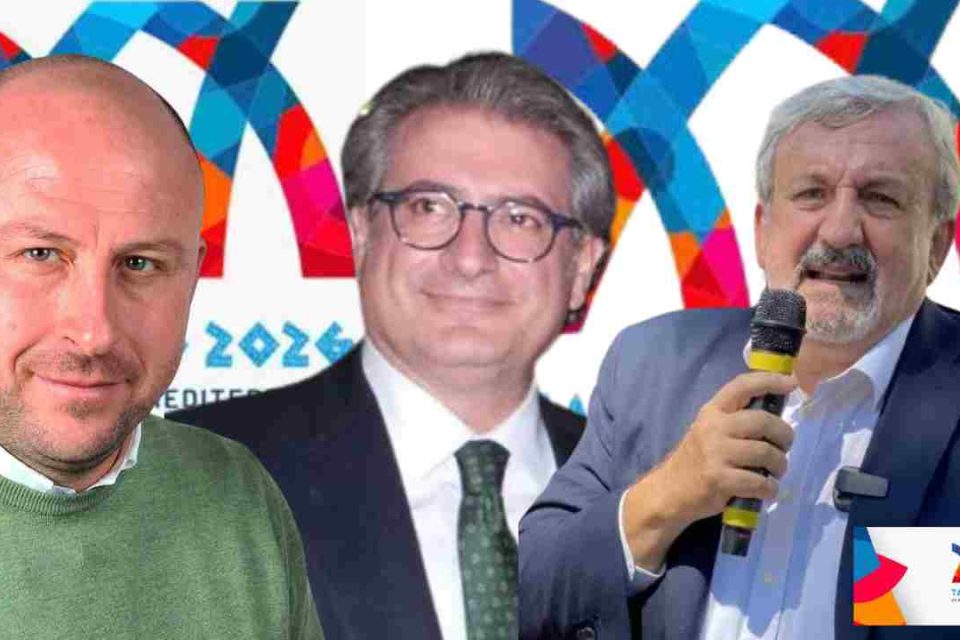 Giochi del Mediterraneo: da sx il Consigliere Regionale Renato Perrini, il Commissario dei Giochi Masdsimo Ferrarese ed il Governatore della Regione Puglia Michele Emiliano