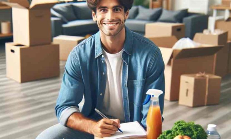 "Giovane adulto sorridente gestisce la vita da solo nella sua nuova casa, con bollette e pianificazione di spesa e pulizie"