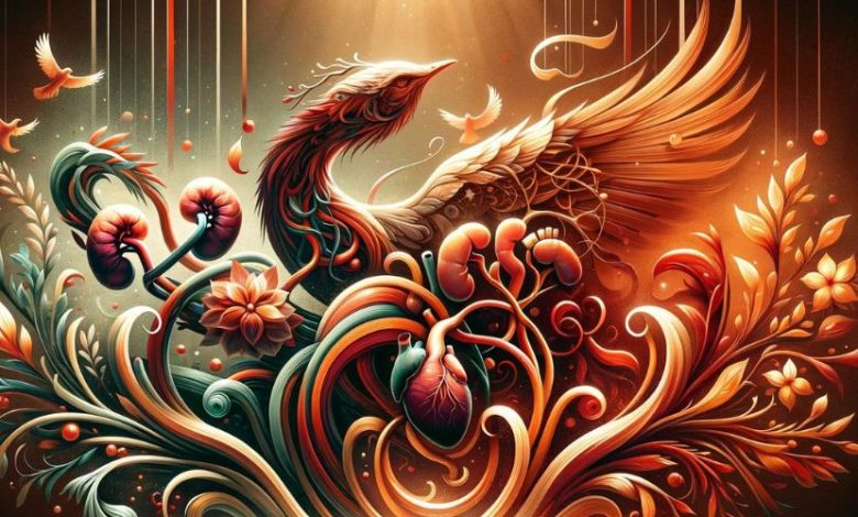 "Una storia d'amore e rinascita: 'Il Regalo' per la giornata mondiale del rene." L'immagine intreccia simbolicamente i concetti di amore, rinascita e l'importanza della salute renale e della donazione di organi, combinando elementi che evocano la potenza trasformativa della donazione.