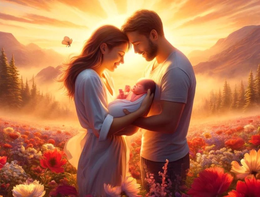 Due-genitori-felici-al-tramonto-tenendo-in-braccio-un-neonato-in-un-campo-di-fiori-in-fiore-simboleggiando-la-gioia-e-il-nuovo-inizio-dopo-anni-di-sfide-con-