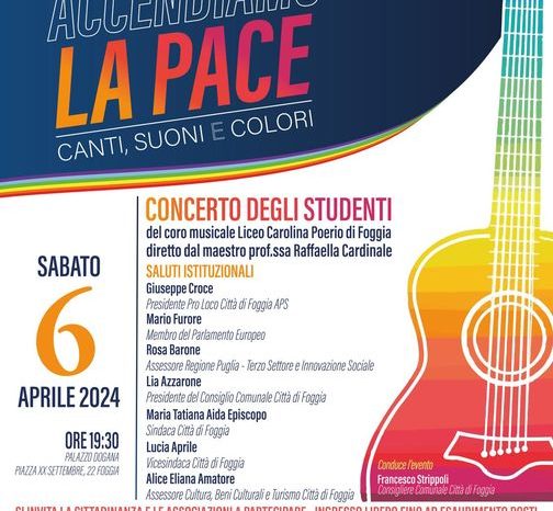 "Da Foggia accendiamo la Pace: Canti, Suoni e Colori": evento in Piazza XX Settembre