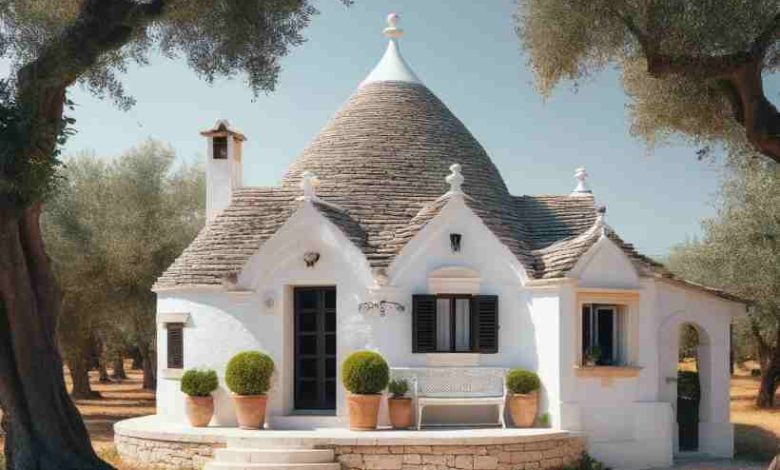 Decreto Salva-Casa: Un'Occasione per i Proprietari Pugliesi - Immagine di una tradizionale casa pugliese con facciata bianca e tetto a trullo, circondata da ulivi, rappresentante gli elementi architettonici tipici della regione.