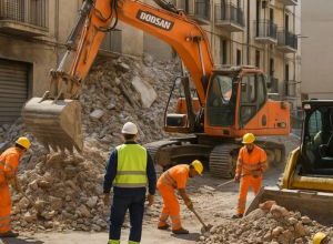 Operai al lavoro per la rimozione delle macerie del crollo a Bari