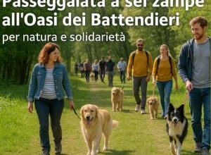 Partecipanti con cani alla passeggiata a sei zampe nell’Oasi dei Battendieri