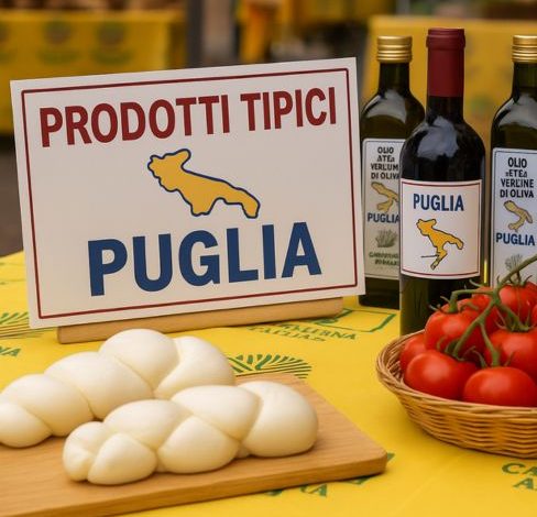 Prodotti tipici pugliesi con etichetta Puglia in un mercato locale