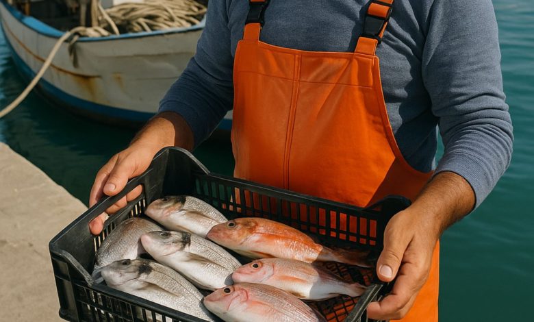 pescatore pugliese con pesce fresco a km 0 pronto per la vendita durante festività