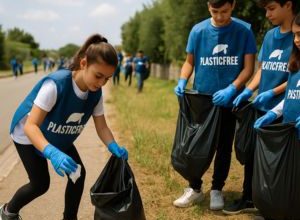 studenti durante l’iniziativa ambientale Plastic Free a Cassano