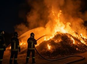 vigili del fuoco in azione durante l’incendio di rifiuti a Borgo Cervaro