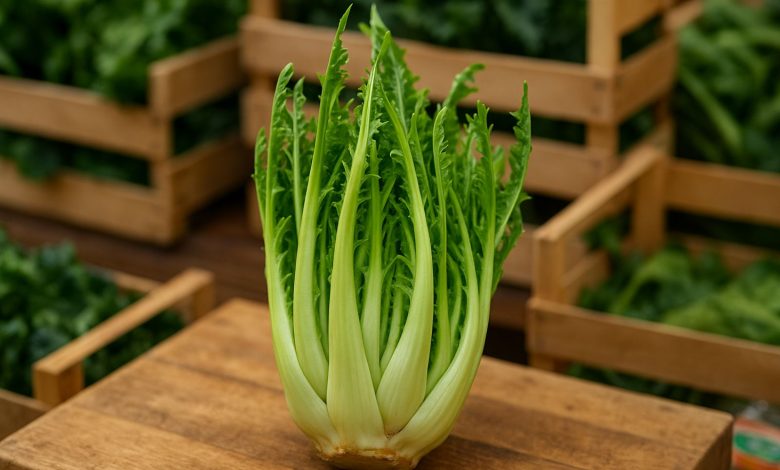 Cespo fresco di Cicoria Puntarelle Molfettese in esposizione al mercato locale