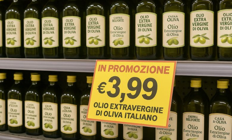 bottiglie di olio extravergine di oliva italiano in promozione nella GDO