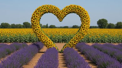 eventi culturali in Puglia – campo di girasoli e lavanda a Foggia con cuore floreale