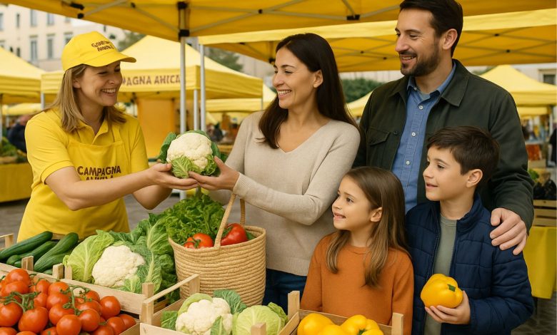 famiglia al mercato contadino in Puglia durante aumento dei prezzi alimentari
