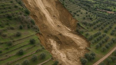 Area collinare soggetta a dissesto idrogeologico in Puglia con visibili segni di frana