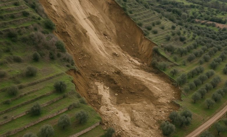Area collinare soggetta a dissesto idrogeologico in Puglia con visibili segni di frana