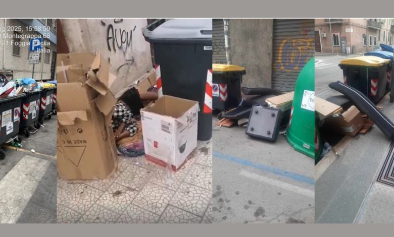 Cassonetti traboccanti e strade al buio nel degrado urbano del Quartiere Ferrovia di Foggia