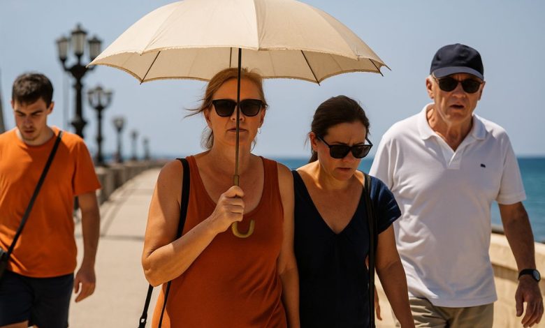 Persone sul lungomare sotto il sole durante il caldo record in Puglia